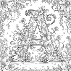 Coloring page with a capital letter A with plants inside. Ai generated image for kids to draw color. High quality image.