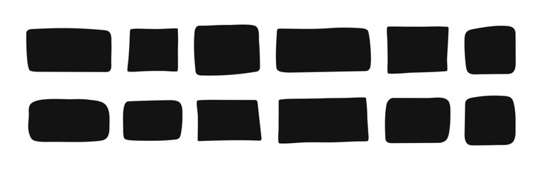 Collection of abstract hand-drawn rectangles shapes in black color. Minimal irregular block elements, doodle forms, empty text boxes with with rough edges.