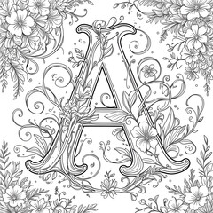 Coloring page with a capital letter A with plants inside. Ai generated image for kids to draw color. High quality image.