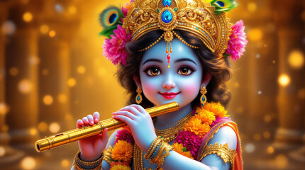 a high-resolution, divine digital painting of Lord Krishna as a child-like figure with a gentle smile, playing a golden flute. His skin should be a radiant bluish tone, with large expressive eyes.