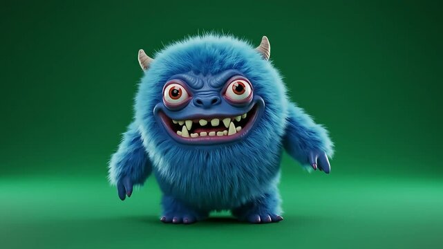 3D illustration of a small blue furry monster character with a fierce and cute expression, suitable for children's games and content.