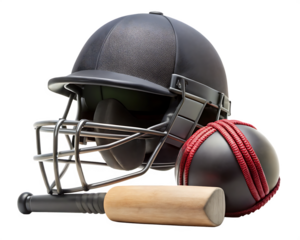 black cricket helmet, cricket bat and cricket ball  isolated on white background , PNG