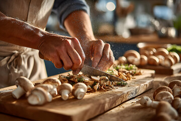 A cook chopping fresh mushrooms on a cutting board for meal prep
