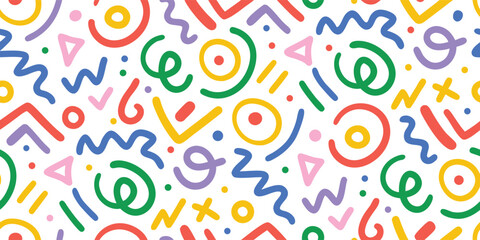 Abstract hand drawn seamless pattern. Colorful doodle shapes, squiggles, and geometric elements vector background. Playful retro print for kids design, fabric, wallpaper, and creative projects.