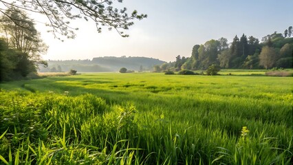 landscape with green grass and trees,field, grass, landscape, sky, meadow, green, nature, summer, agriculture, blue, wheat,