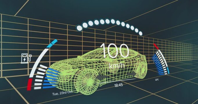 Starting 11 km or h wireframe car speeding to 121 km or h decelerating gauges updating timestamp hol