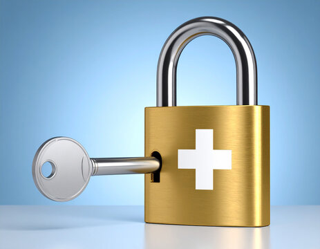 A key fitting perfectly into a lock adorned with a medical cross, symbolizing easy access to care and solutions.