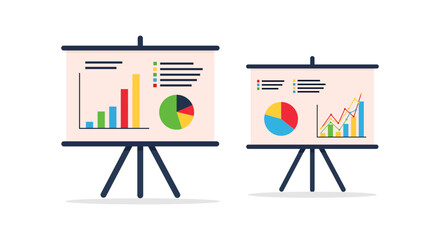 Flat vector illustration of business presentation charts on easels, including colorful bar charts, pie charts, and line graphs. Clean, minimal design, isolated on white background