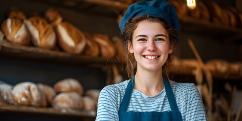 bread bakery store female woman baker shop owner smiling concept of food industry occupation job as baker catering service