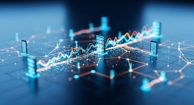 Abstract digital graphic of interconnected data points and financial charts, illustrating a complex network.