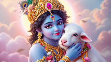This heartwarming artwork portrays a divine child-like depiction of Lord Krishna tenderly embracing a white lamb. Krishna, with his signature blue complexion, wears an ornate golden crown adorned 