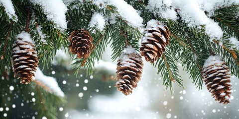 Beautiful pine cones, heavily dusted with snow, hang from snow-covered branches of a coniferous tree, creating a picturesque winter composition during a snowfall