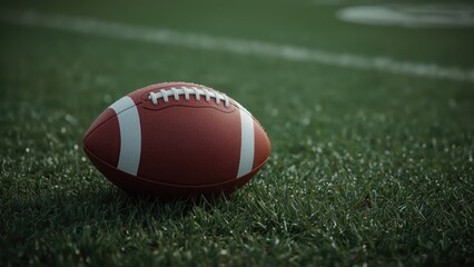 College Football. Brown football white stripes on green grass field cl