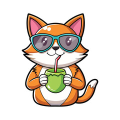 Cool cat wearing sunglasses sipping fresh coconut water tropical summer fun relaxed beach vibe cute funny animal vector illustration white background
