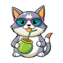 Cool cat wearing sunglasses sipping fresh coconut water tropical summer fun relaxed beach vibe cute funny animal vector illustration white background