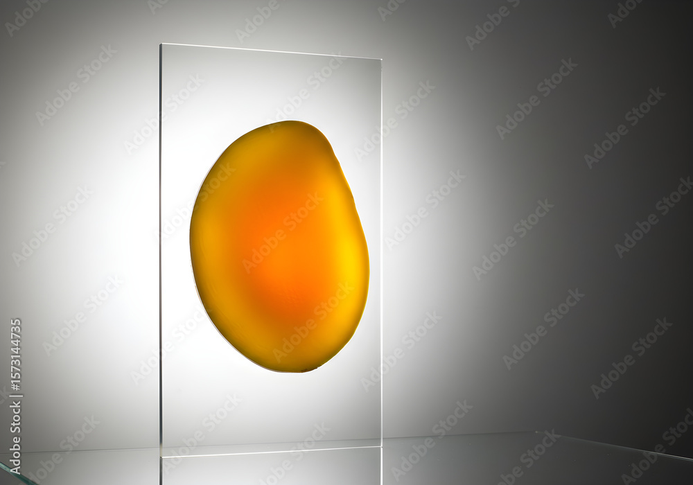Fototapete abstract golden blob inside transparent glass panel | modern minimalist design element for technolog