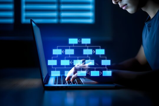 Workflow automation and business process mapping concept. Businessman using laptop with flowchart interface, representing workflow automated, process planning, business flow, system optimization,
