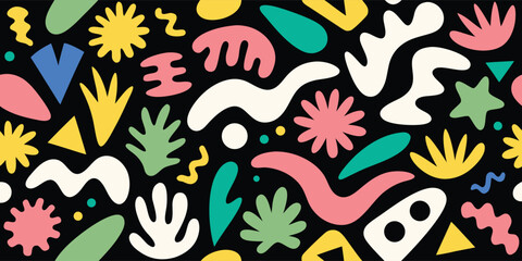 Colorful abstract pattern seamless. Modern organic and geometric shapes on black background. Matisse cut out style vector texture for fabric, wallpaper, fashion, and wrapping paper.