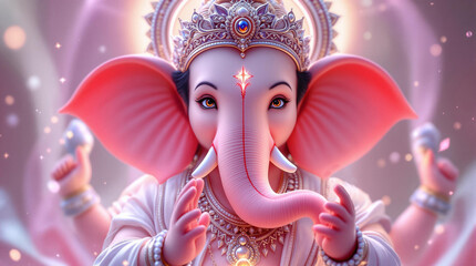 A divine, soft-glow 3D-style digital artwork of Lord Ganesha with a serene and compassionate expression. 