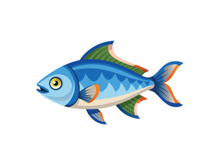 Naklejka premium Stylized blue fish with green and orange accents swimming left isolated on white background 