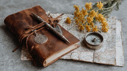 Leather journal, compass, map, flowers