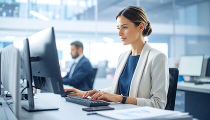 Woman Typing on Computer in Office Setting for Business Work