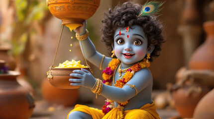 A heartwarming and divine depiction of baby Krishna in a traditional Indian village setting. 