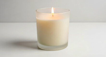 Scented candle burning in clear glass container on white background  