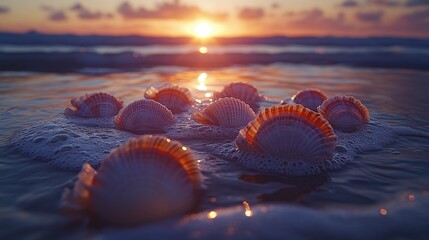 Seashells in ocean foam at sunset; beach background