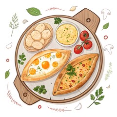 Delicious turkish pide with eggs and cheese served on a wooden board with fresh ingredients isolated on white background isolated on transparent background