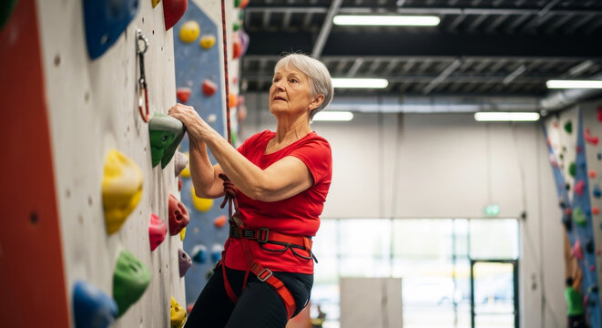 Elderly woman climbing indoor rock wall in fitness center