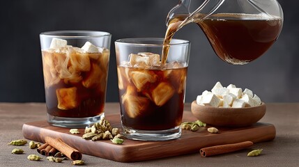 Chai tea flows from a golden kettle into clear glasses on a wooden table, surrounded by spices and green leaves, against a dark backdrop