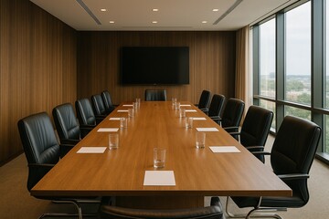Modern Conference Room with Elegant Wooden Table and City View