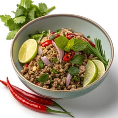 Delicious thai larb moo minced pork salad with fresh lime chili and herbs isolated on white background isolated on transparent background