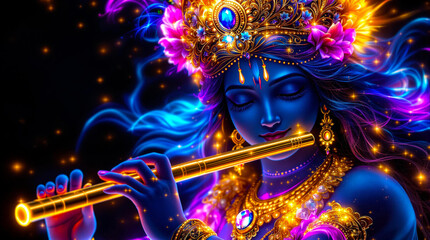 A glowing, neon-style digital artwork of Lord Krishna playing the flute. 