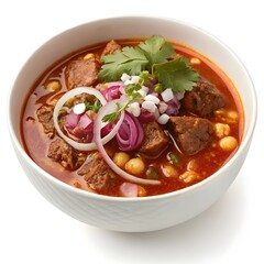 Hearty bowl of traditional mexican pozole rojo with pork and hominy garnished with onion and cilantro isolated on white background isolated on transparent background