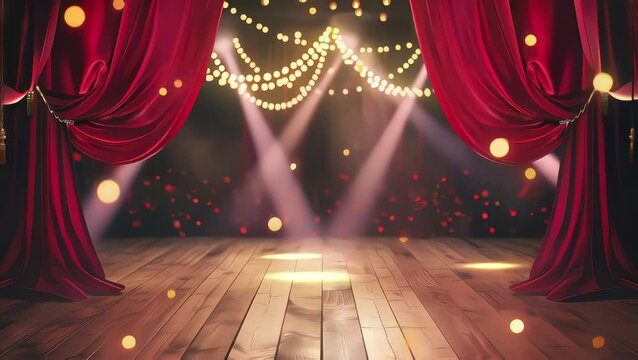 Elegant Theater Stage with Opening Red Curtains and Spotlights