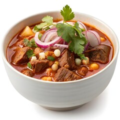 Hearty bowl of pozole rojo with pork and garnishes isolated on white background isolated on transparent background