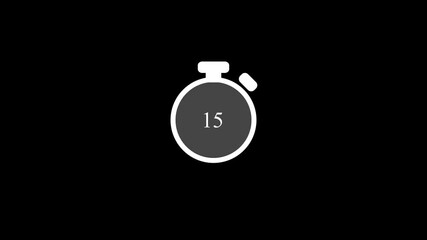 15 seconds countdown, Analog of simple clean timer motion graphic with text numbers animated icon on black background.