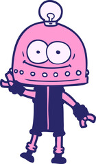 happy carton robot with light bulb in bright neon color