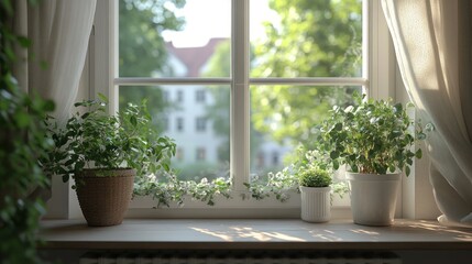 Fototapeta premium Windowsill with plants, sunlight, and city view