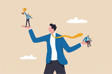 Giant businessman holding a small businessman with a trophy in one hand and another small businessman sitting on his other hand representing success and failure isolated on transparent background