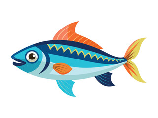 Stylized cartoon blue fish with orange fins and yellow tail isolated on white background
