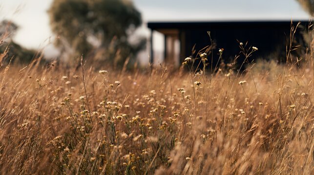 Tall golden grasses and scattered wildflowers