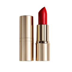 Red lipstick is shown in a gold colored tube