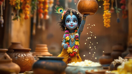 A divine child with blue skin, representing baby Krishna, reaching up towards a hanging clay pot in a traditional Indian village setting. 