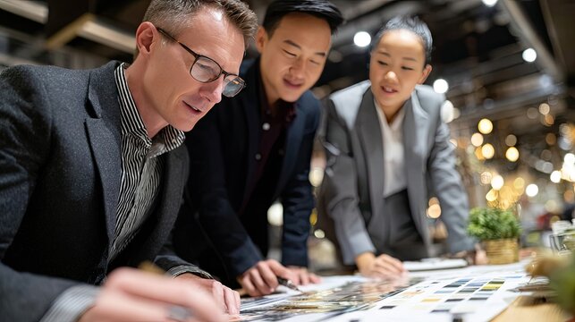 Three young designers collaborate at a table, analyzing color swatches and sharing creative ideas in a sleek office environment