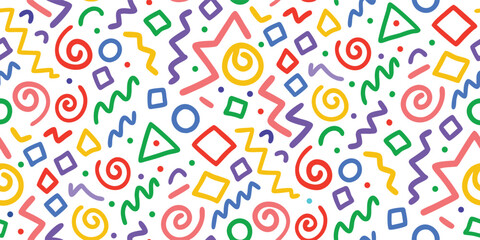 Colorful Seamless Memphis Pattern Vector. Playful 80s and 90s Retro Style Abstract Geometric Shapes for Party Decorations, Kids Fabric, or Wrapping Paper.