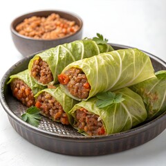 Delicious cabbage rolls filled with seasoned ground meat and vegetables served on a rustic plate isolated on white background isolated on transparent background