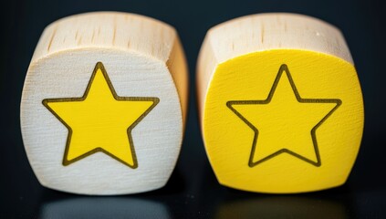 Two light-tan wooden cubes, each with a yellow star graphic
